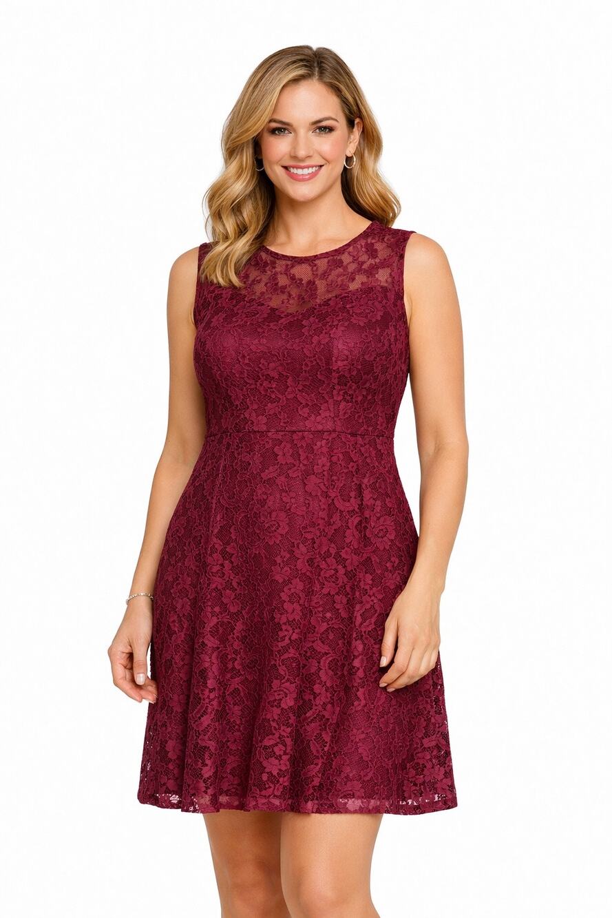 AGB Burgundy Lace Sleeveless Dress 6 Floral Overlay Fit Flare Cocktail Party